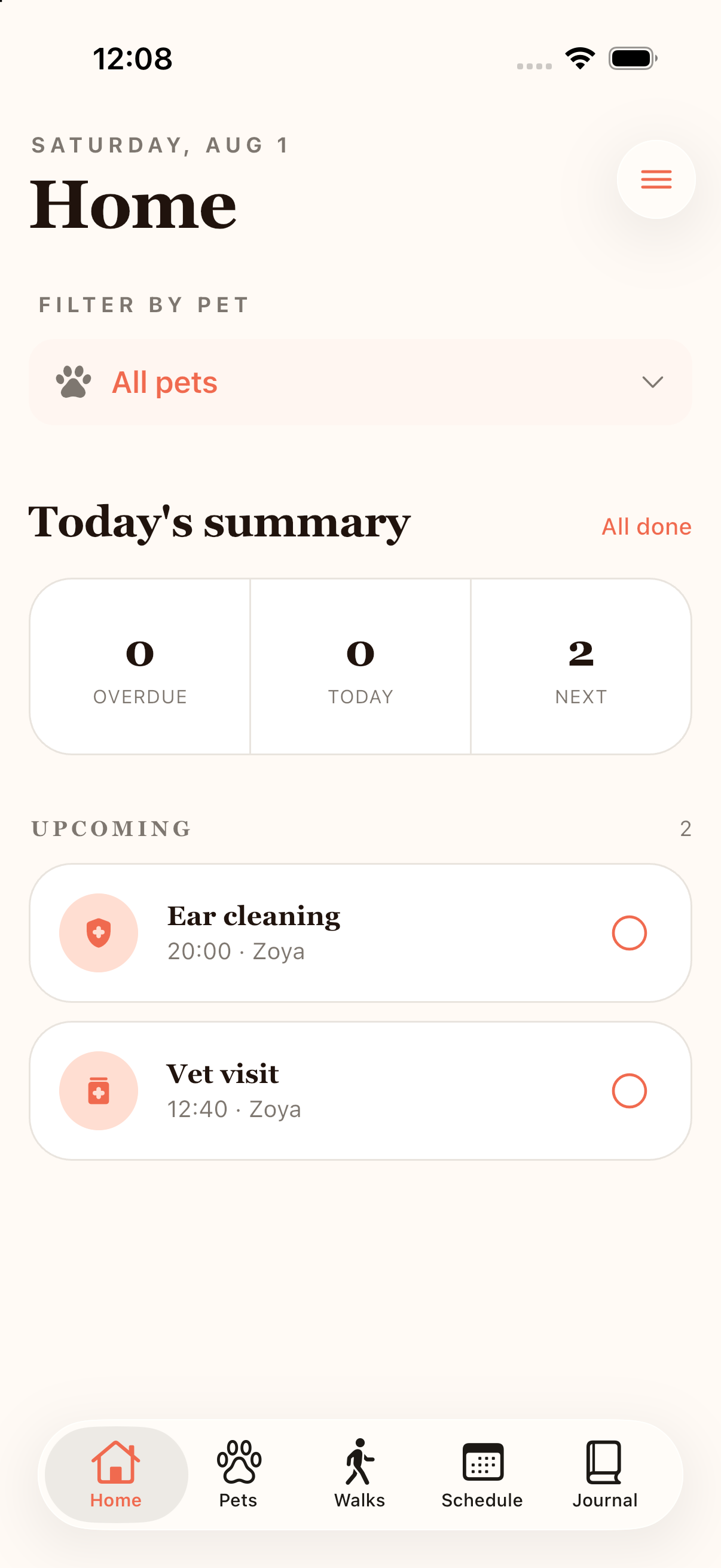 PetNest home screen showing daily care overview