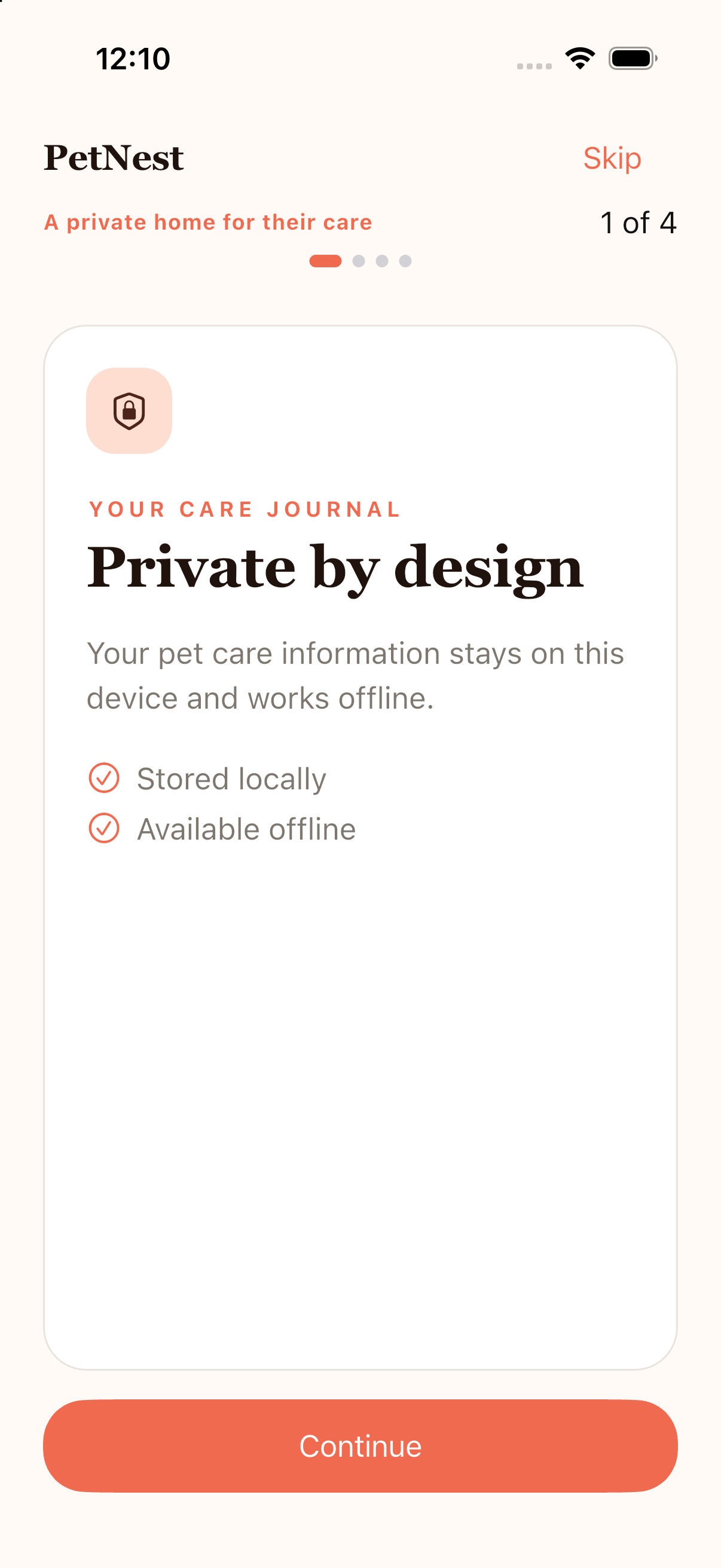 PetNest privacy screen showing local-only data handling